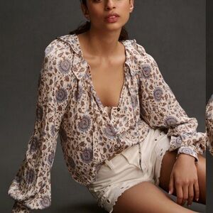 Anthropologie Cream and Blue Floral Blouse